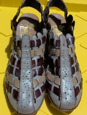 Rieker Woven Leather Slingback Shoes in Gray, Beige & Burgundy Size 39 European